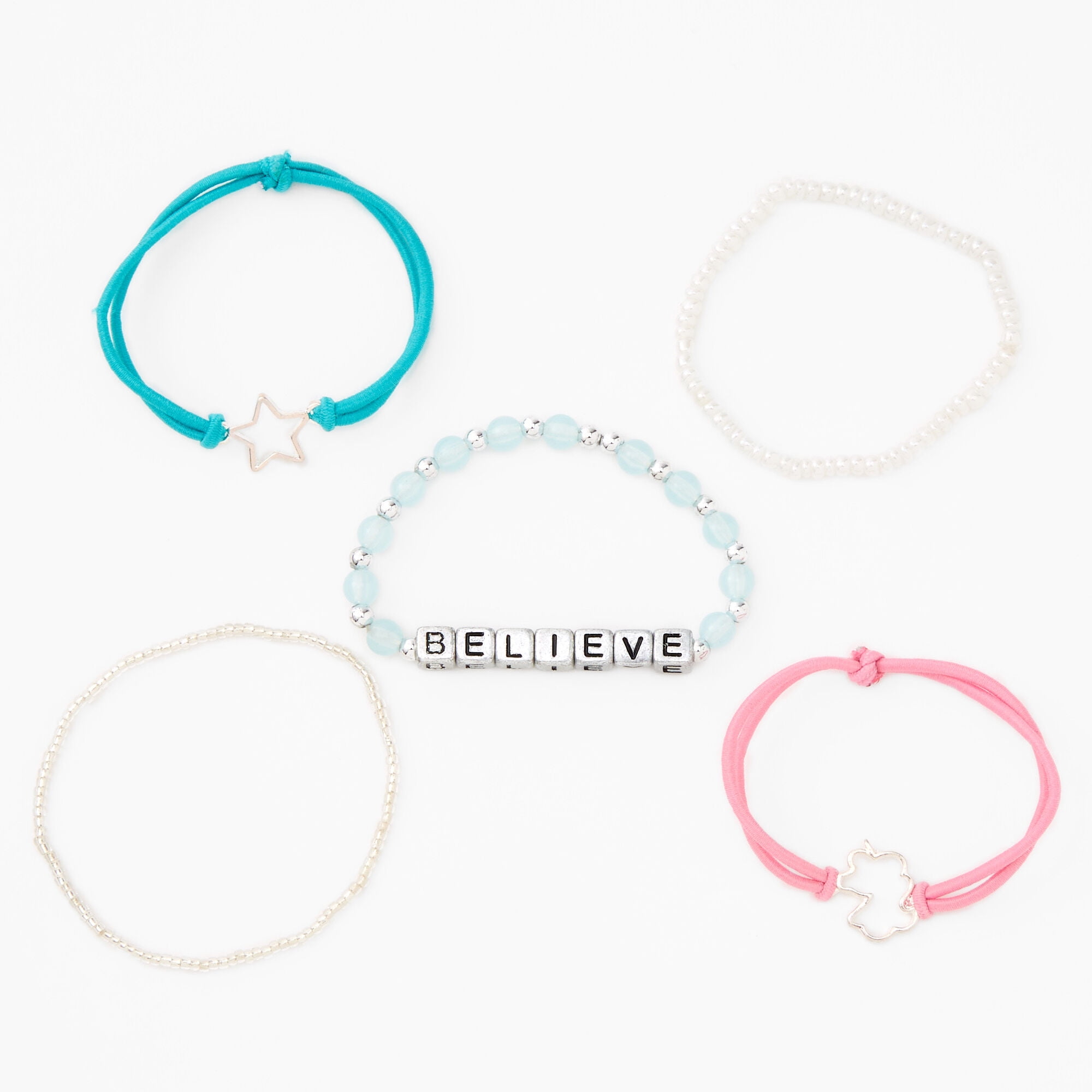 Claire's Girls' Believe Stretch Bracelet Set, Non-Metal for Teens, 5 Pack