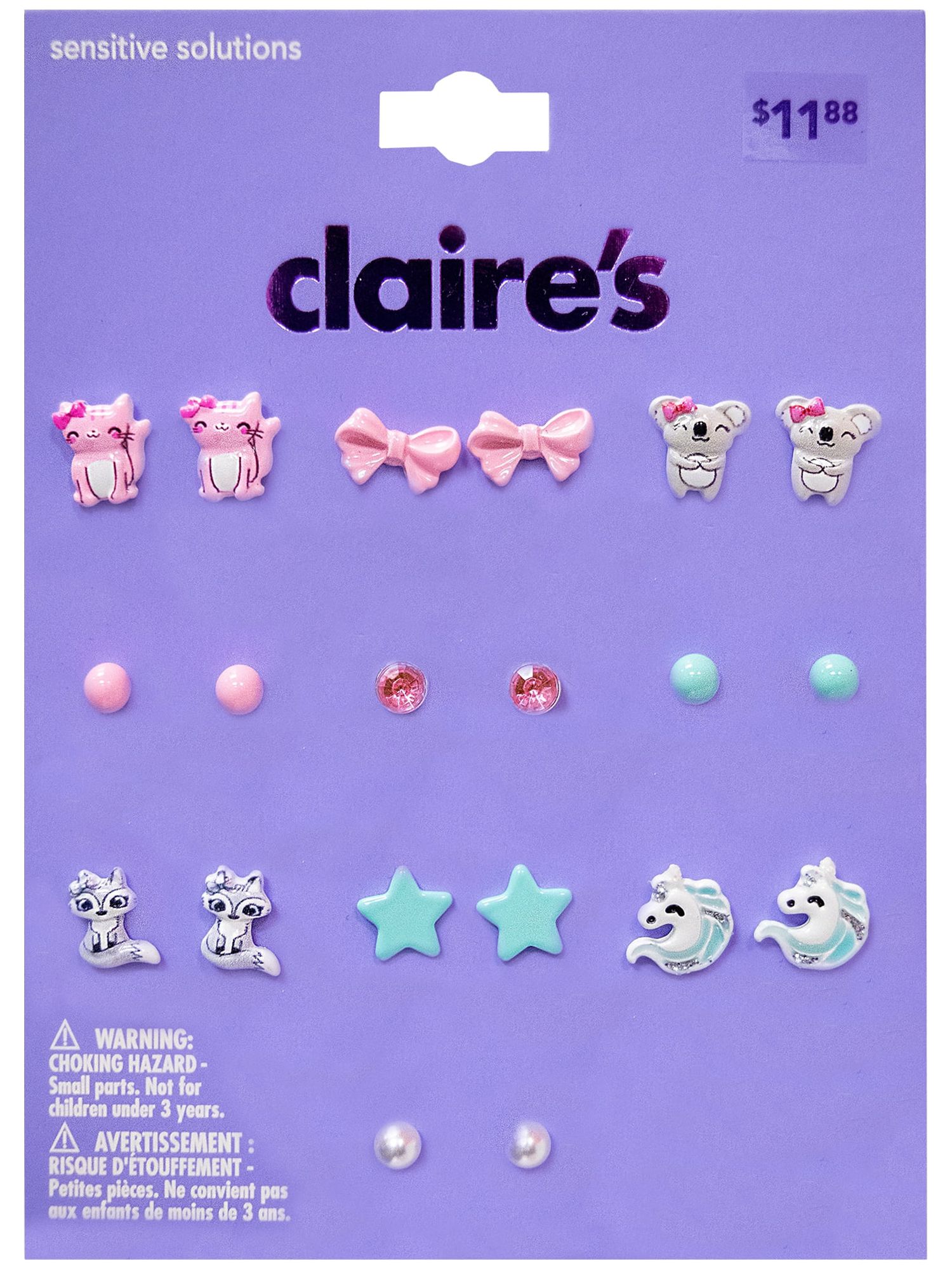 Claire's Girls' Critter Happy Stud Earrings Set, Post Back, 10 Pack, 76220  