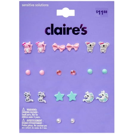 Claire's Girls' Critter Happy Stud Earrings Set, Post Back, 10 Pack, 76220