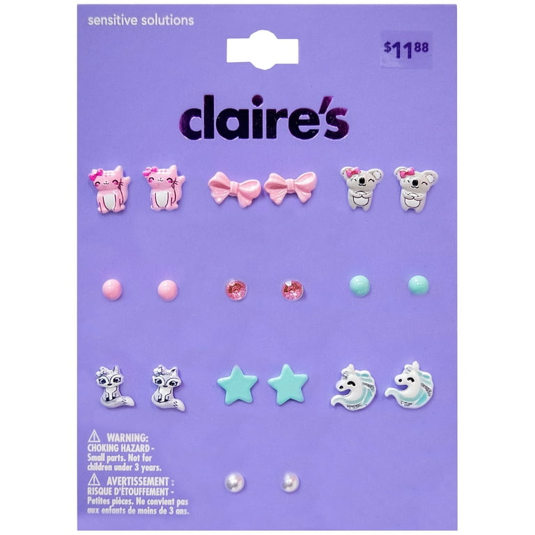 Claire's Girls' Critter Happy Stud Earrings Set, Post Back, 10 Pack, 76220