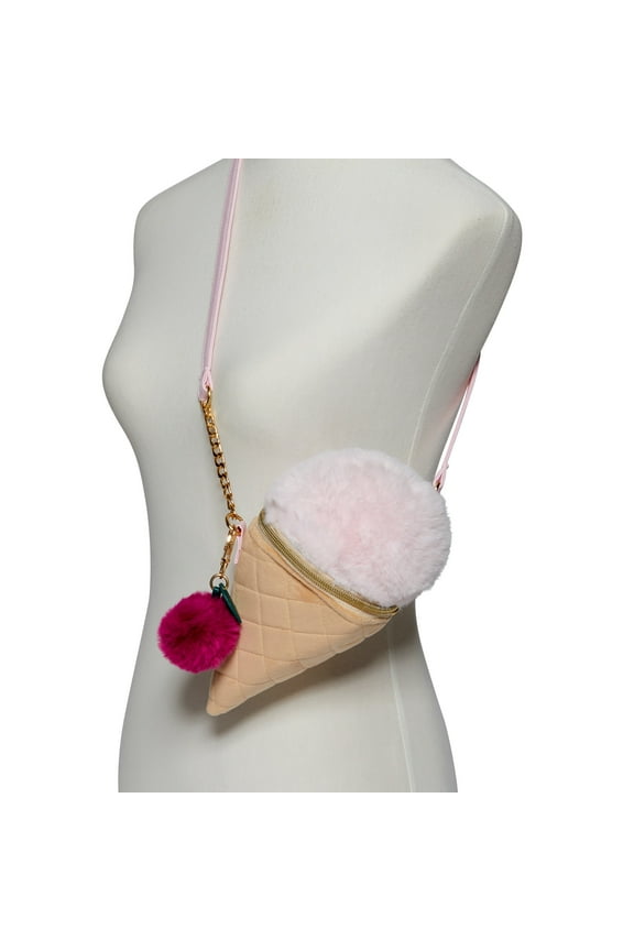 Girls Fuzzy Pom-pom Ice Cream Cone Crossbody Bag with Adjustable Strap