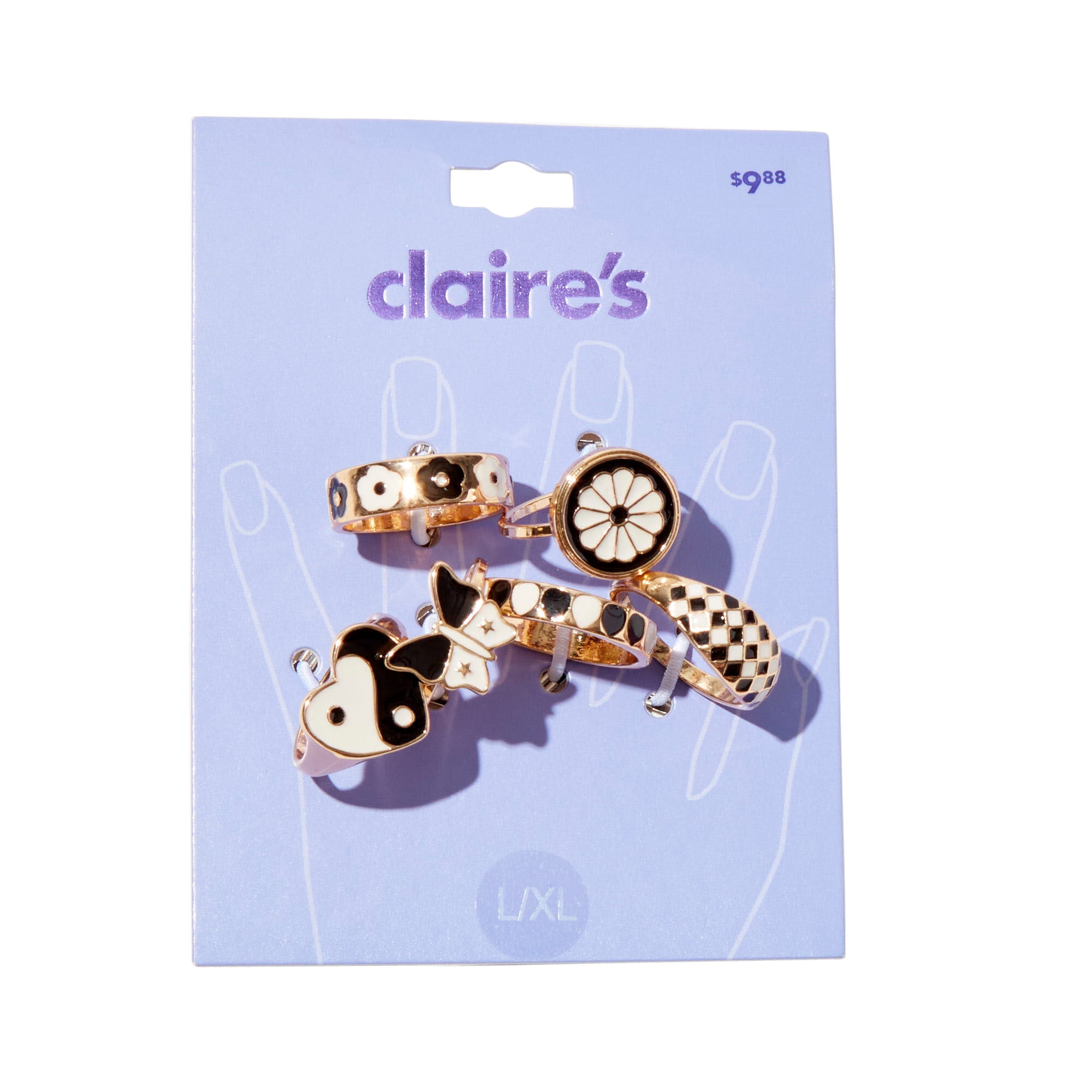 Claire's Girls Large/XL Black/White Ring Set, 6-Rings Gold Tone