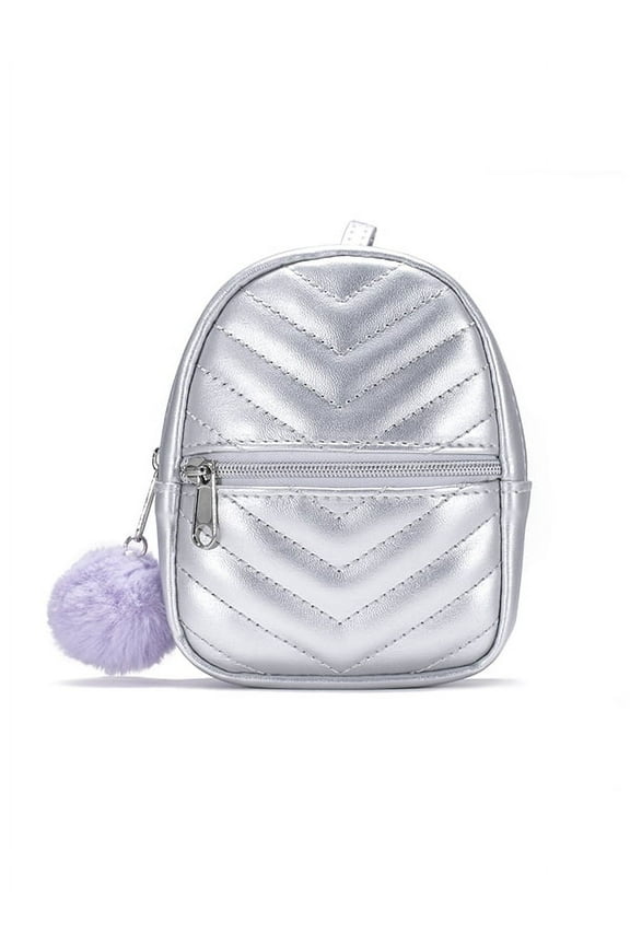 Girls Quilted Silver Backpack Keyring with Purple Pom
