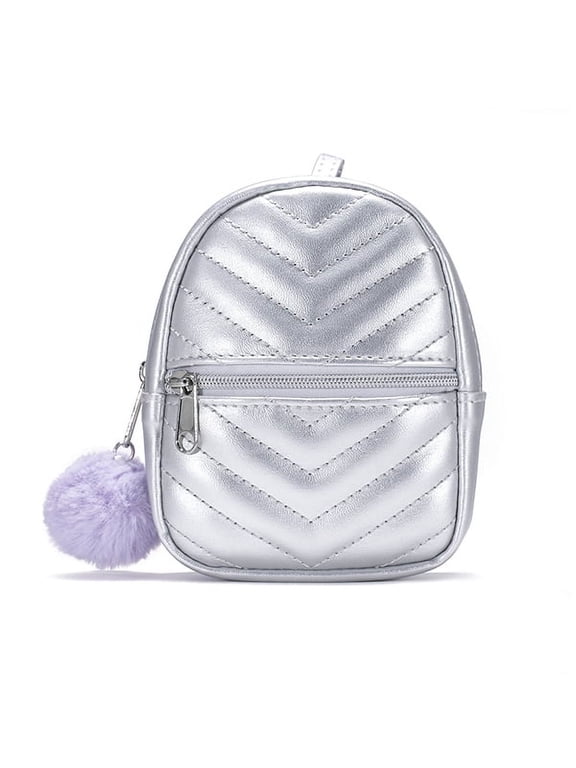 Girls Quilted Silver Backpack Keyring with Purple Pom