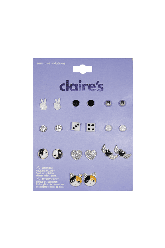 Girls Silver Black And White Stud Earrings Set, Metal Alloy, 10 Pairs Teen