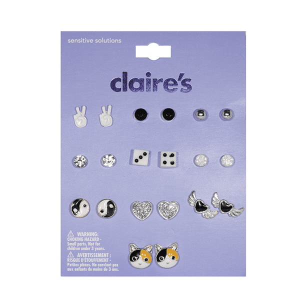 Claire’s Girls’ Silver Black and White Stud Earrings Set, Metal Alloy