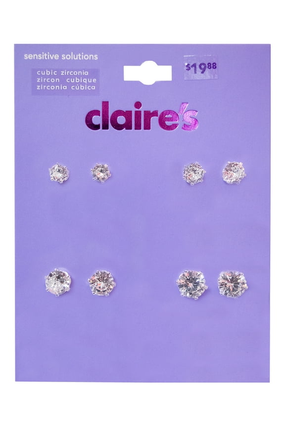 Girls Silver Graduated Round Cubic Zirconia Stud Earrings Set, Post Back, 4-Pack, 74008