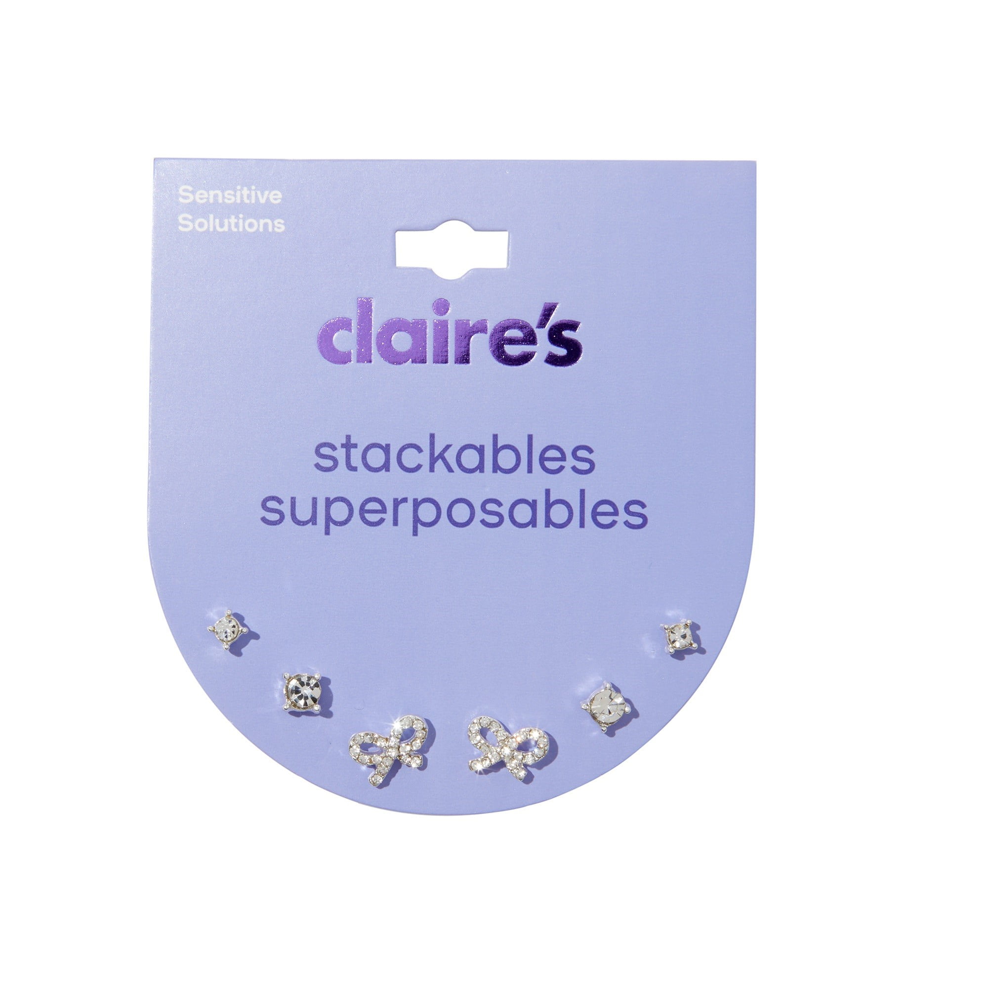 CLAIRE'S Girls Stackable Silver Rhinestone Bow Stud Earring Set, 3-Pack, Children's