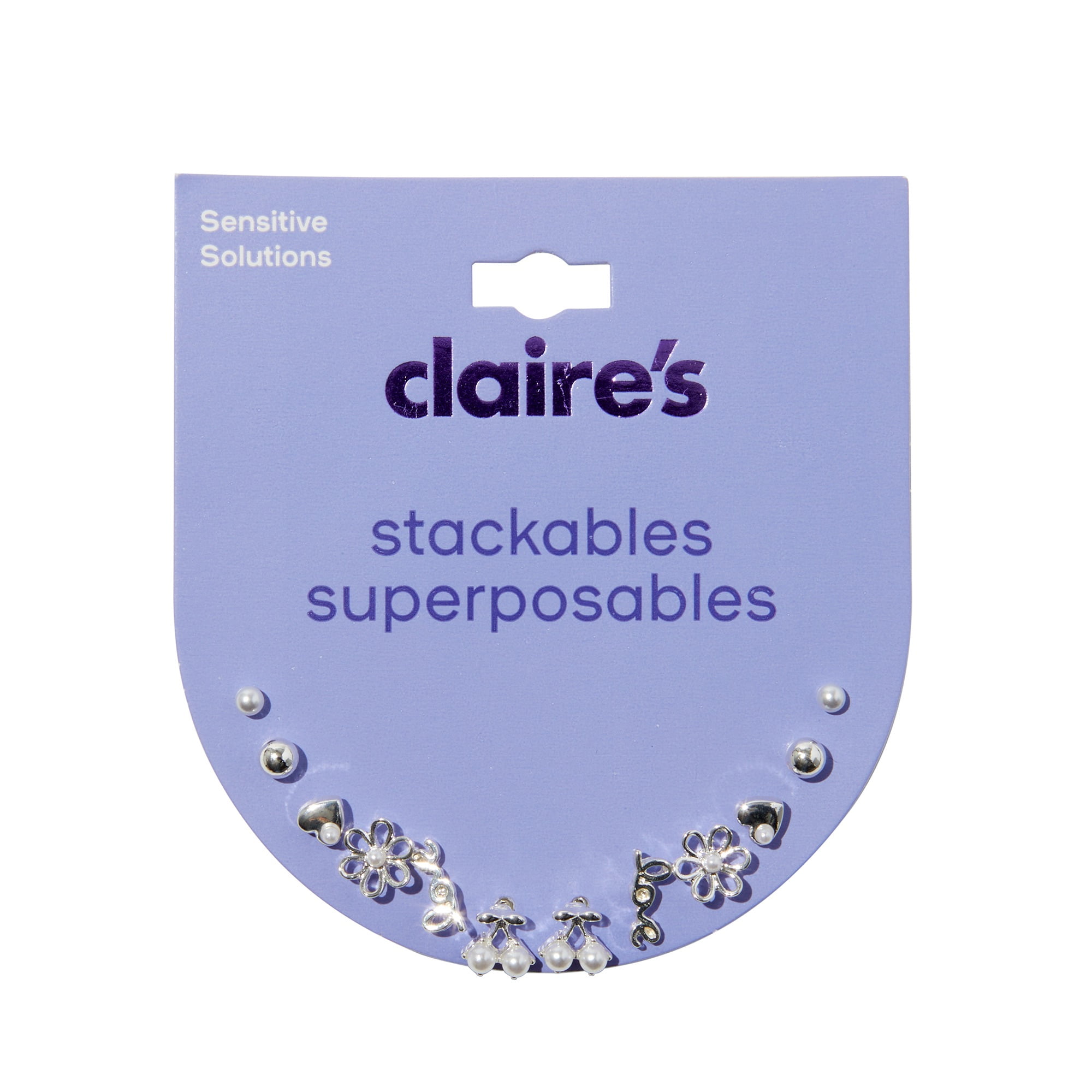 CLAIRE'S Tween Girls Stackable Silver Flower, Cherry, and Pearl Stud Earrings, 6-Pack