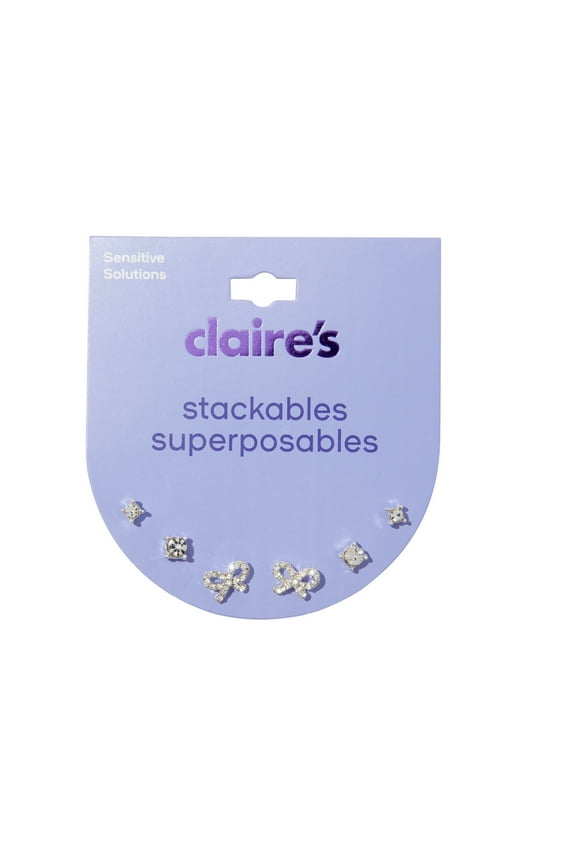 Girls Stackable Silver Rhinestone Bow Stud Earring Set, 3-Pack, Children's