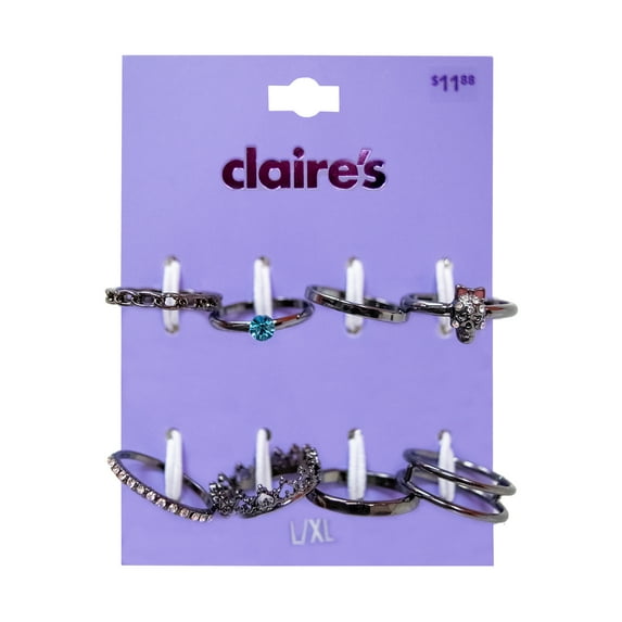 Claire's Girls Stacking Rings Set, Hematite Metal, Ring Size 8/9, Cubic Zirconia Gemstone, 8 Pack