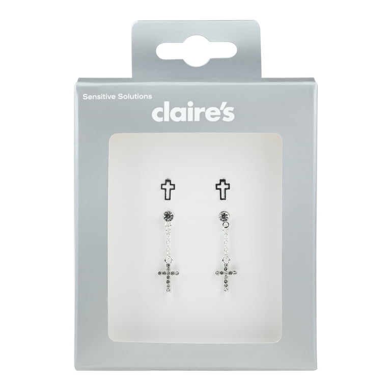Claire's Girls Teen Silver And Rhinestone Cross Earring Set, Stud And  Dangle Earrings, 4-Piece