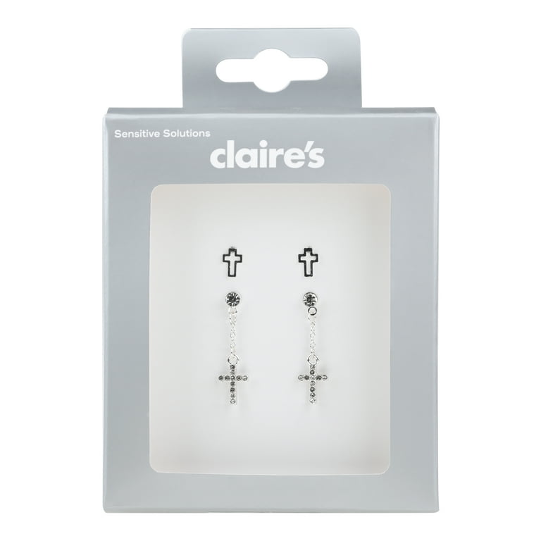 Claire's Girls Teen Silver And Rhinestone Cross Earring Set, Stud And  Dangle Earrings, 4-Piece