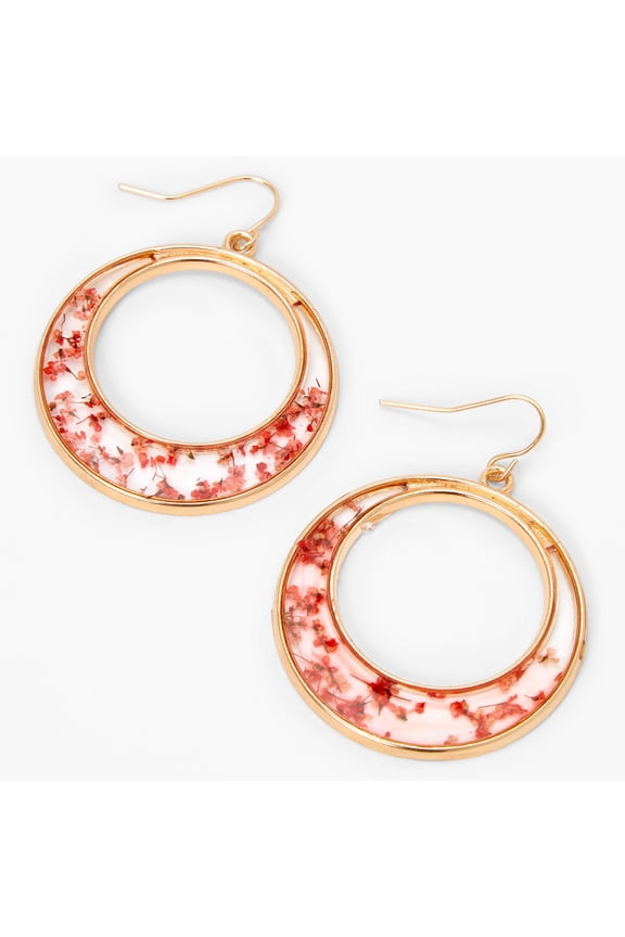 Gold 1.5" Resin Floral Hoop Teen Drop Earrings - Red