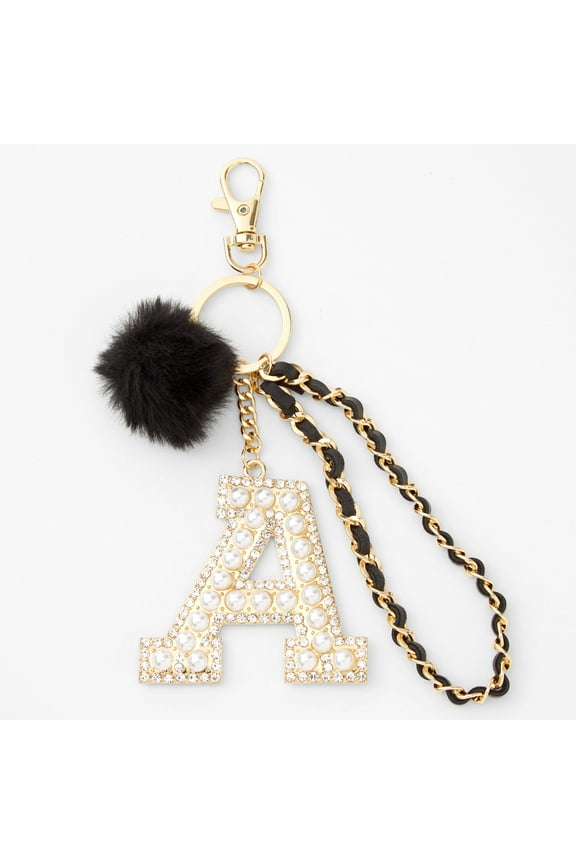 Gold Bling Initial Fuzzy PomPom Metal Keychain Black, Letter A, 14698