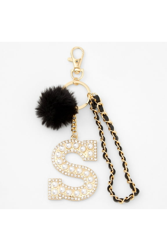 Gold Bling Initial Pom Pom Keychain, Black
