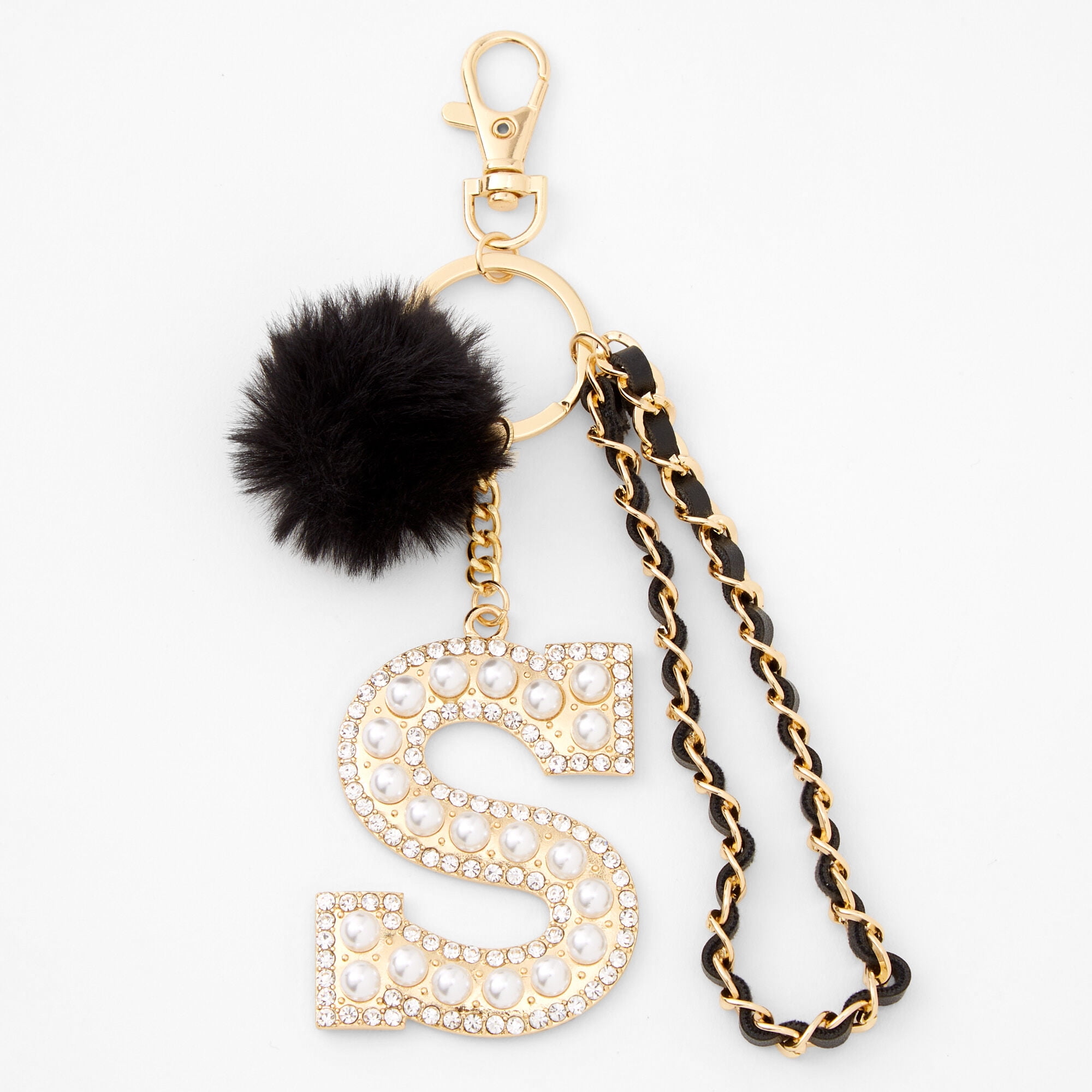 Little Luxuries Designs Glitter Filled Black and Gold Acrylic Letter/Initial with Pom Pom Keychain/Bag Charm