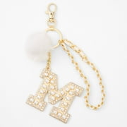 Claires Gold Bling Initial Pom Pom Keychain, Metal - White, M