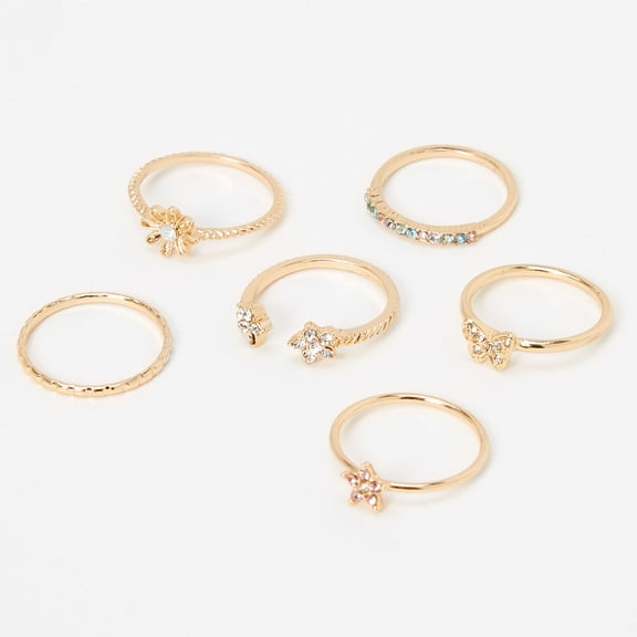 Claire's Gold Butterfly Star Rings - 6 Pack | Stainless Steel, Cubic Zirconia Gemstone