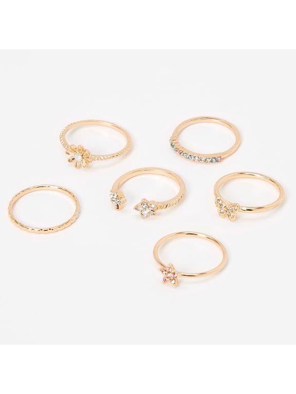 Gold Butterfly Star Rings - 6 Pack | Stainless Steel, Cubic Zirconia Gemstone