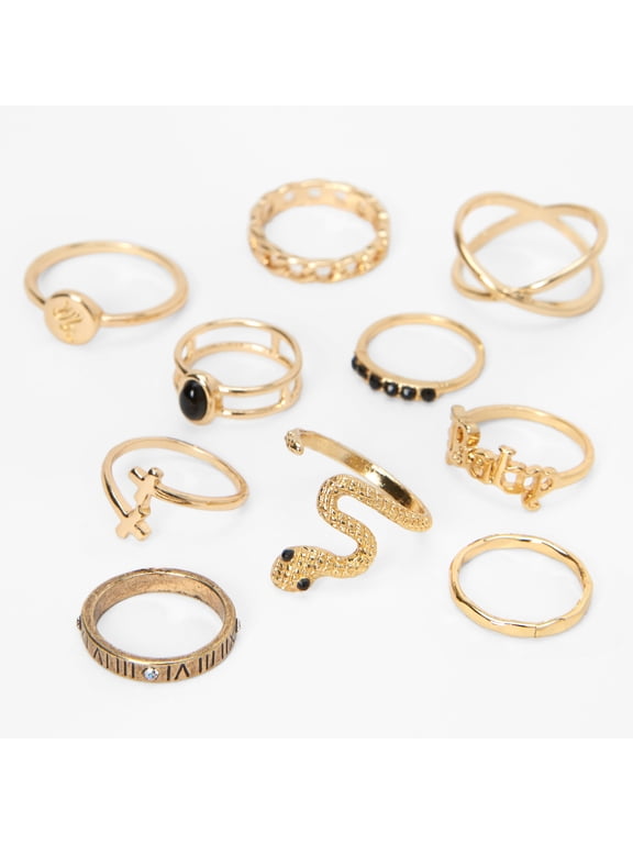 Gold Embellished Snake & Geometric Holiday Rings Set - 10 Pack Female, Teen