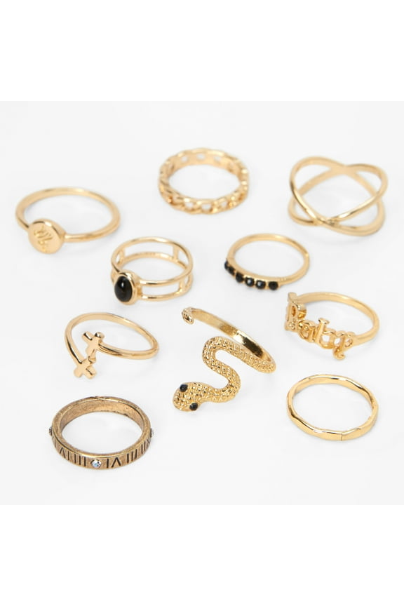 Gold Embellished Snake & Geometric Holiday Rings Set - 10 Pack Female, Teen