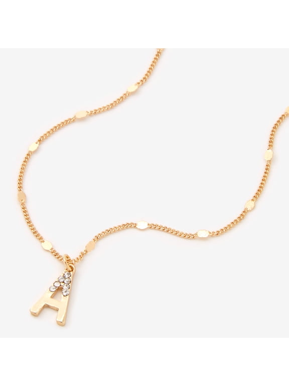 Gold Half Stone Initial Pendant Necklace - a, Gold,Adult.