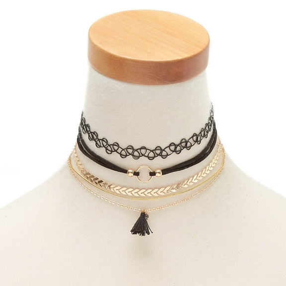 Claire's Mixed Metal and Plastic Choker Necklaces - Black, 5 Pack, Black and Gold