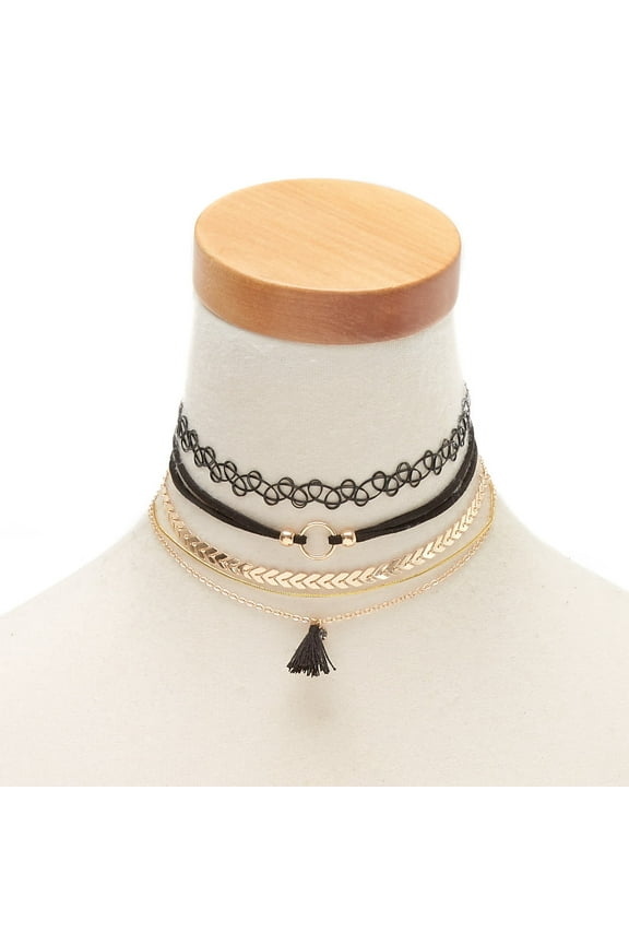 Mixed Metal and Plastic Choker Necklaces - Black, 5 Pack, Black and Gold