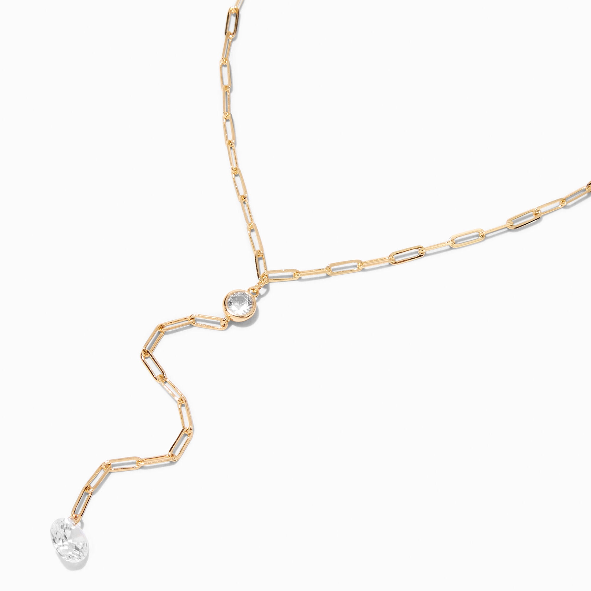 Claire's Gold Paperclip Cubic Zirconia Y-Neck Necklace,Tween, Teen