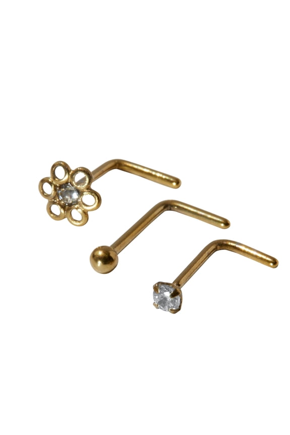Gold-Plated Flower and Stud Nose Rings, 3-Pack