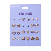 CLAIRE'S Gold "Love", Butterfly, Flower, and Faux Gemstone Stud Earring Set, 12-Pairs, Children's
