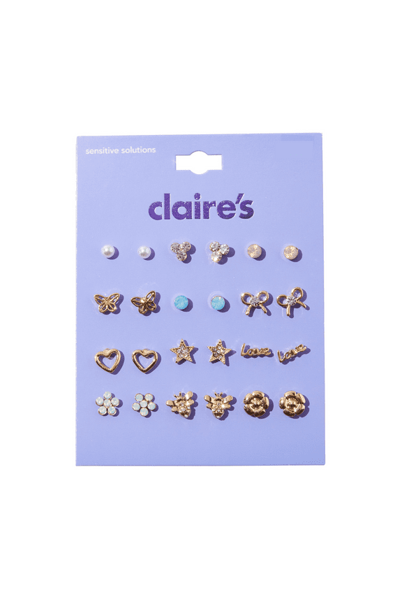 Gold "Love", Butterfly, Flower, and Faux Gemstone Stud Earring Set, 12-Pairs, Children's