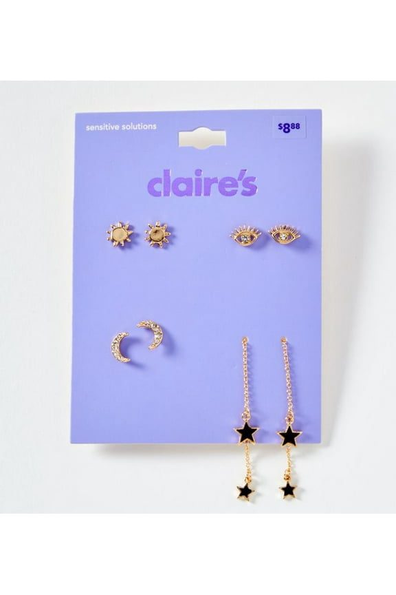 Gold Plated Sunshine, Eyes, Gemstone Moon and Black Star Drop Earring Set, 4-Pack