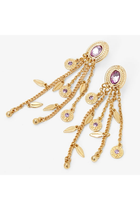 Gold Post Dangle Metal Coin with Pink Gemstone Earrings