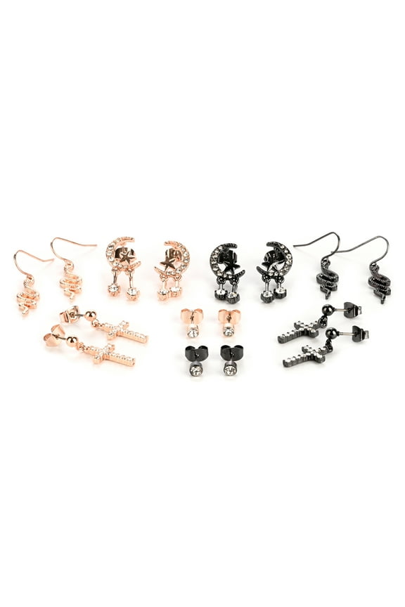 Gold and Black Unisex Stud and Drop Earrings Set, Adult, Post Back, 8 Pack, 39122