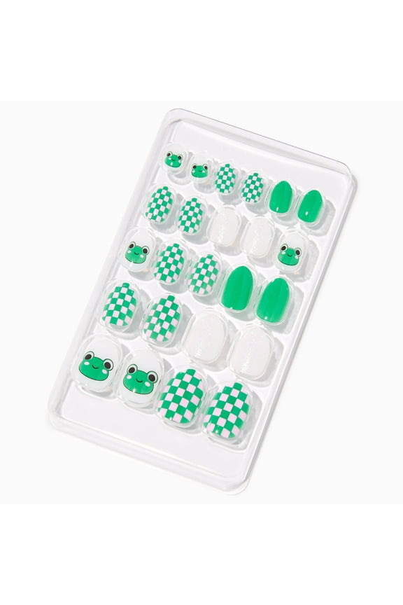 Green Frog Checkered Stiletto Press on Vegan Faux Nail Set - 24 Pack