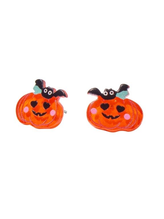 Halloween Classic Pumpkin Stud Earrings with Bats, 1-Pair