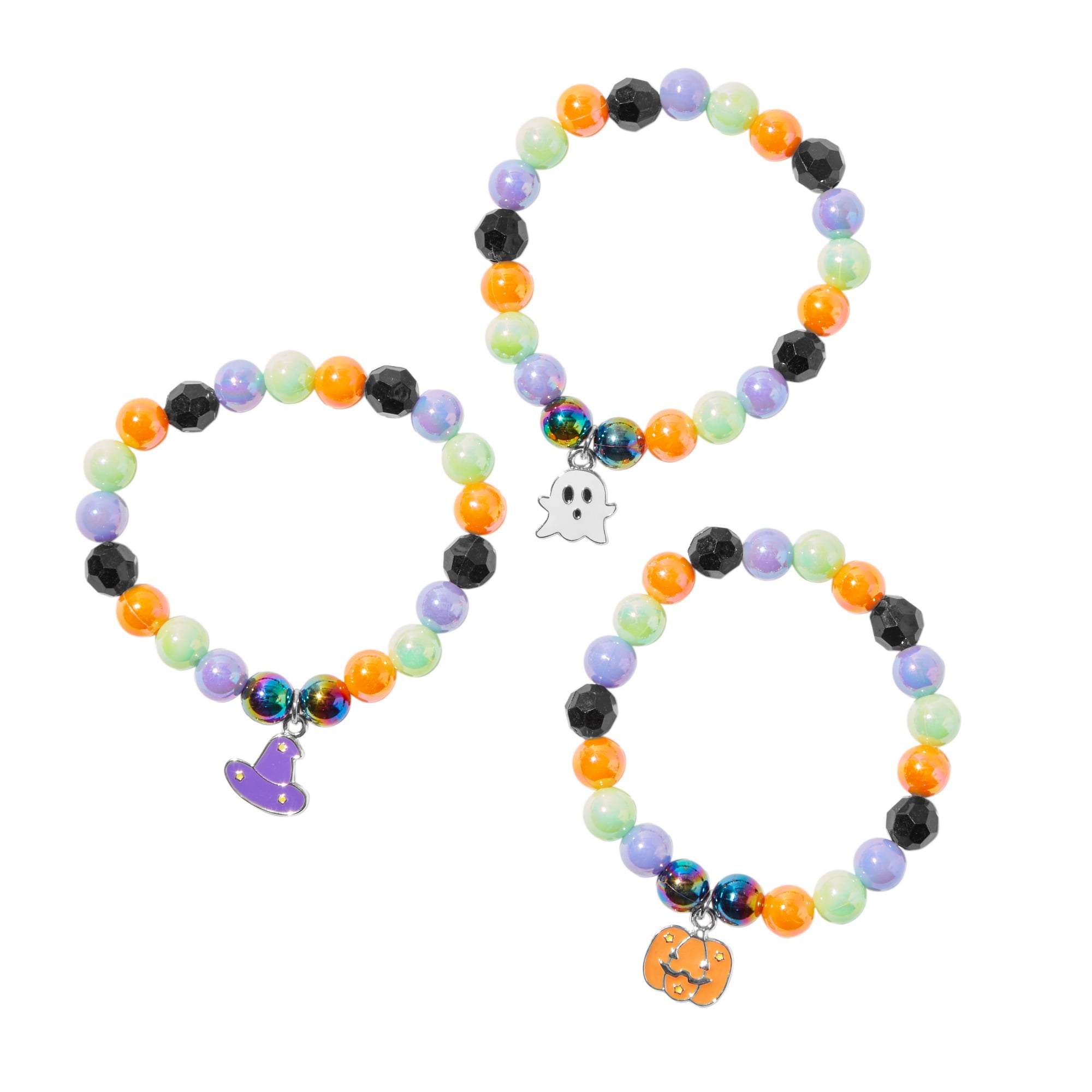 Claire's Halloween and Fall Purple, Black, and Orange Beaded Bracelets with Pumpkin, Witch and Skeleton Charms, 3-Bracelets