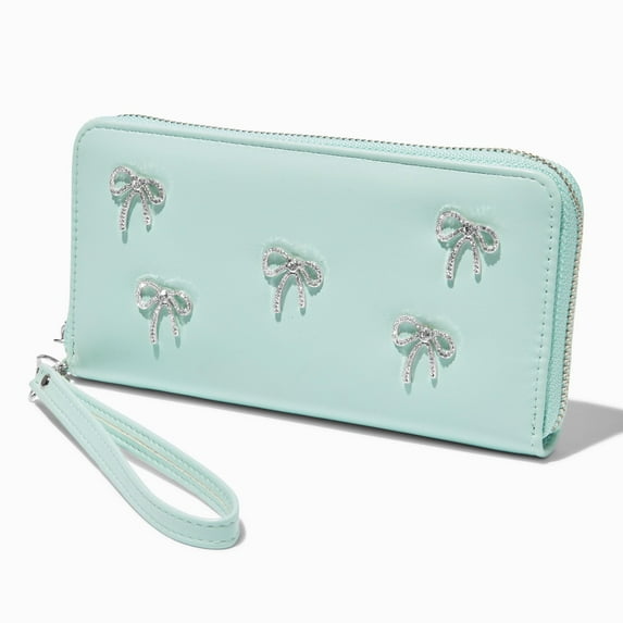Claire's Mint Green Wristlet Wallet for Women, Compact and Stylish Clutch Purse with Crystal Gemstone Bows, Perfect Blend of Functionality and Fashion, 7.5" X 4"