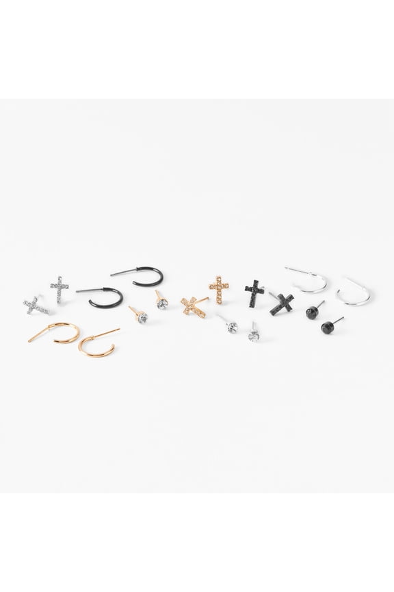 Mixed Metal Crystal Cross Earrings Set - 9 Pack