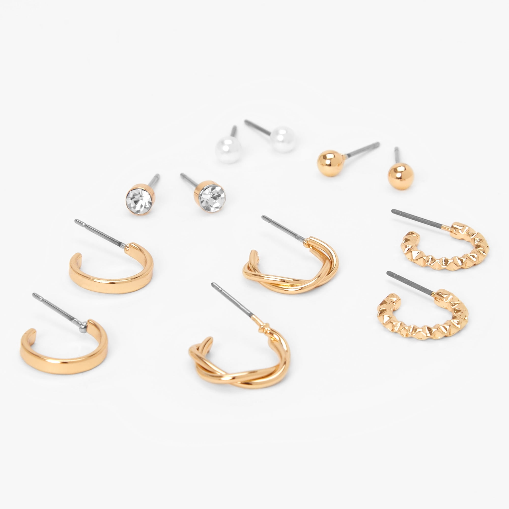 Claire's Multi Pack Earring Set with 3 Studs and 3 Huggie Hoops, Pearl, Stone, and Hoops