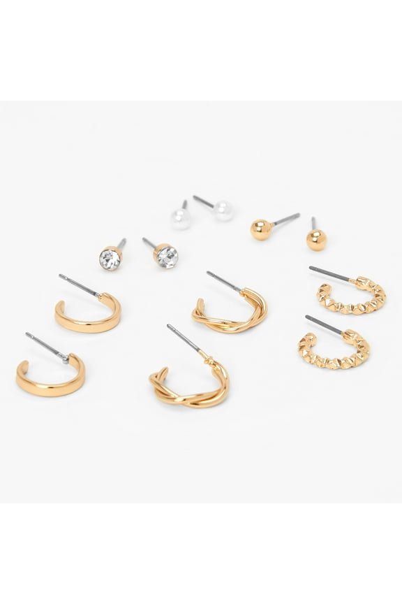 Multi Pack Earring Set with 3 Studs and 3 Huggie Hoops, Pearl, Stone, and Hoops