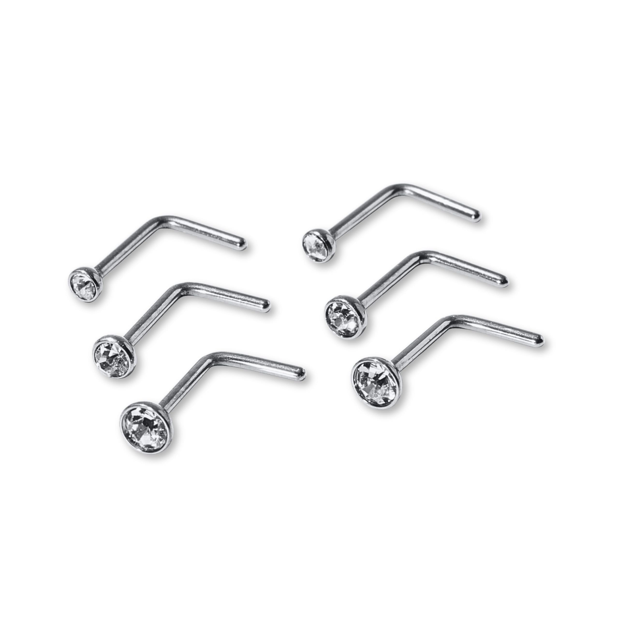 Claire's Nose Rings – Durable Hypoallergenic Titanium Nose Studs for Women – Premium 6-Piece Jewelry for Nose Piercings with Sparkling Gemstones – Black, Gold, and Silver