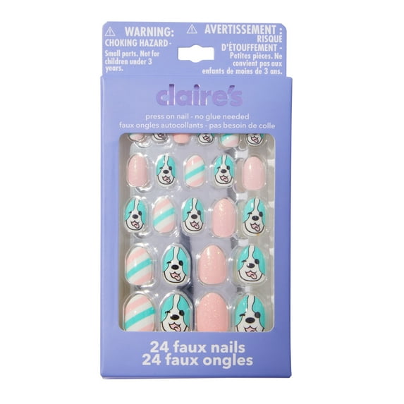 Claire's Teen Girls Blue and Pink Stripped Dog Almond Shape Press-on Nails, 24-Pack