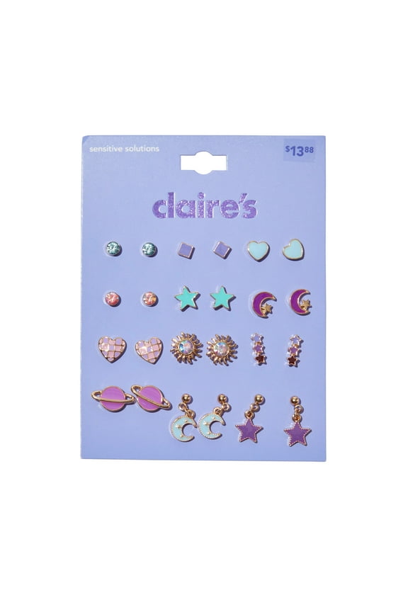 Teen Girl's Purple and Aqua Celestial Stud Earring Set, 12-Pack