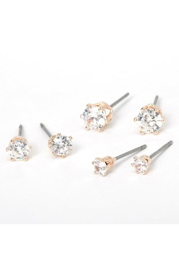 Rose Gold Cubic Zirconia Round Stud Earrings - 3MM, 4MM, 5MM