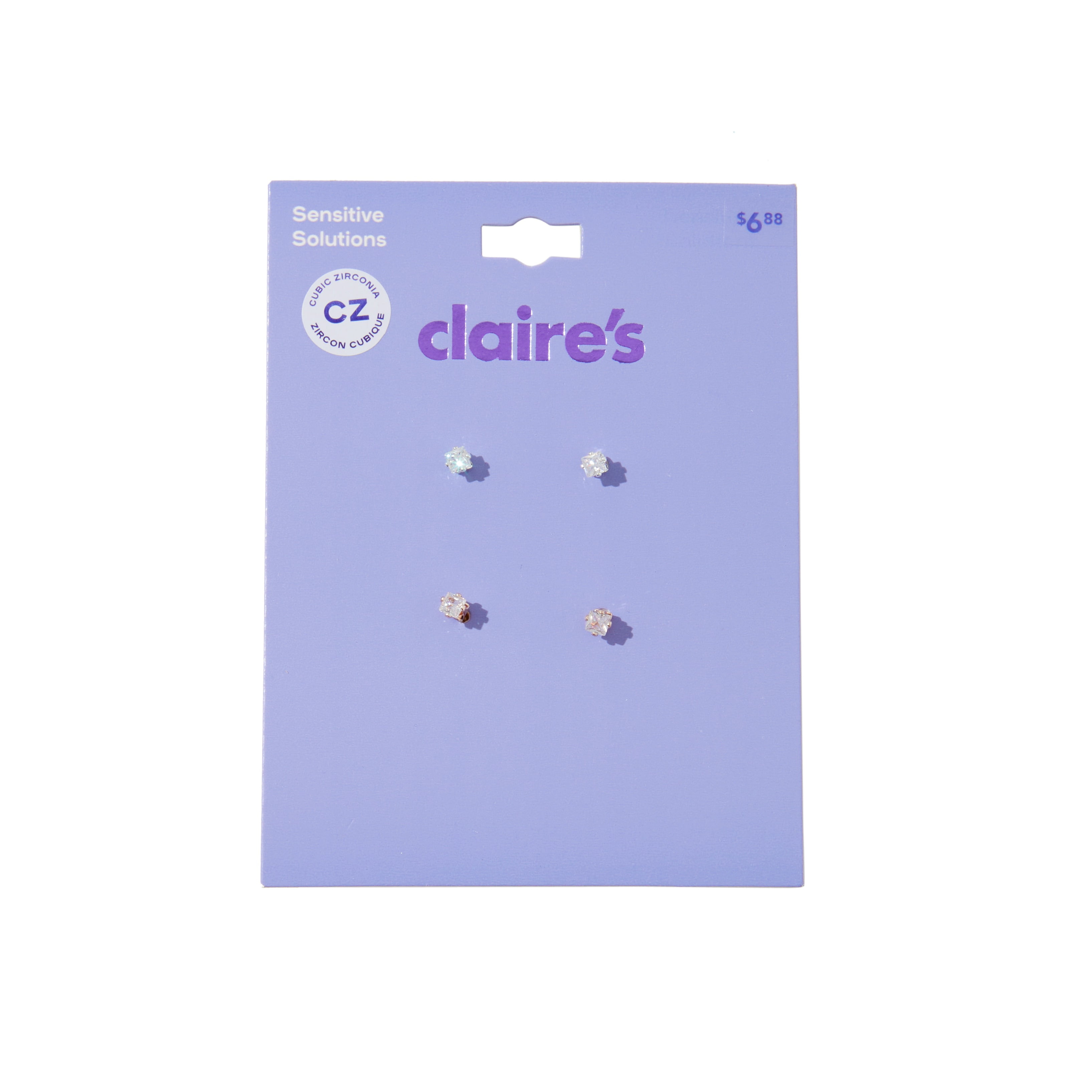 Claire's Sensitive Solutions Cubic Zirconia 3mm Square Stud Earrings, 2Pair