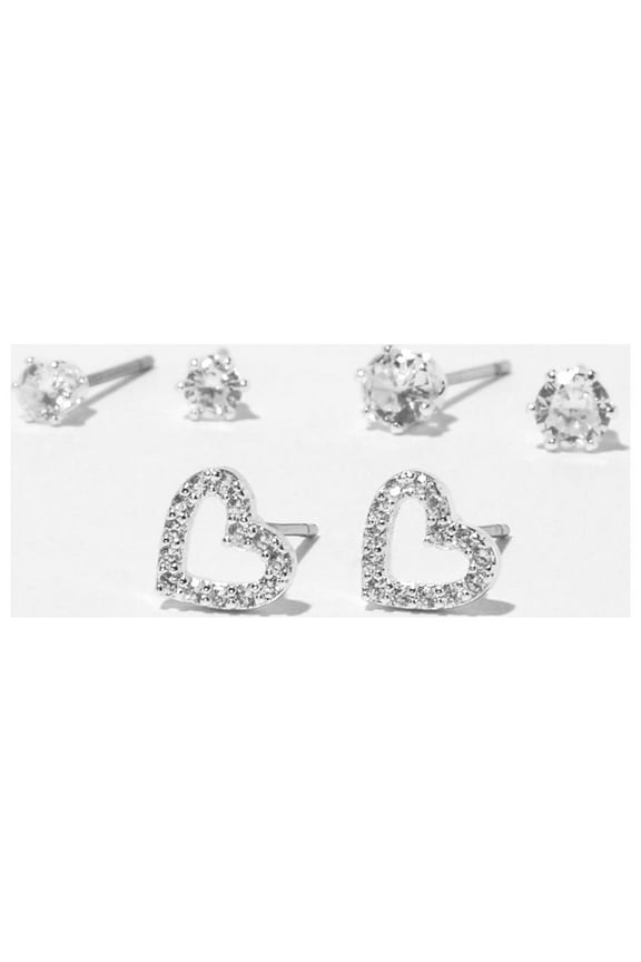 Silver 3 and 4MM Cubic Zirconia Stud with Hearts, 3-Pack