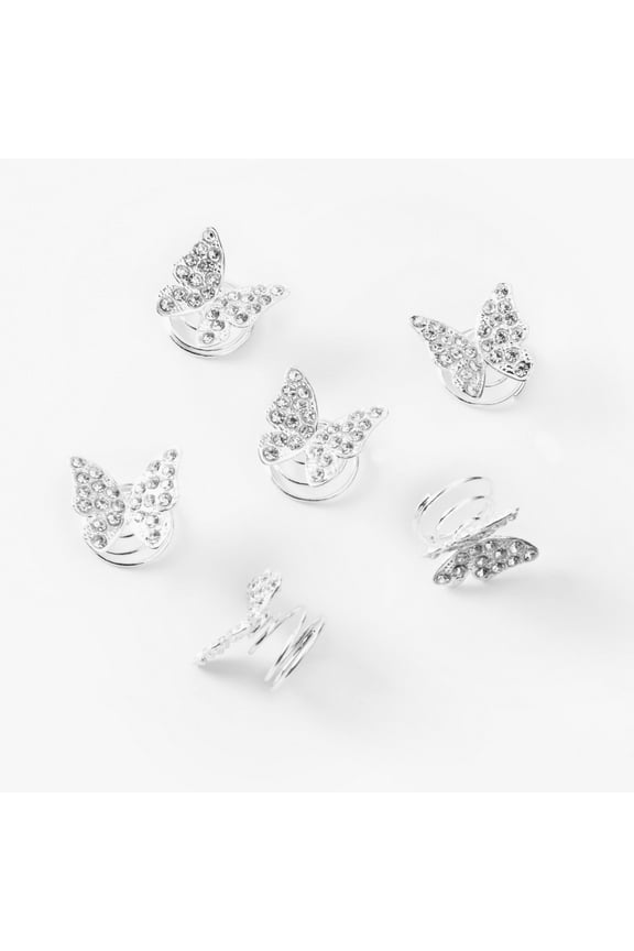 Silver Butterfly Rhinestone Hair Spinners - 6 Pack